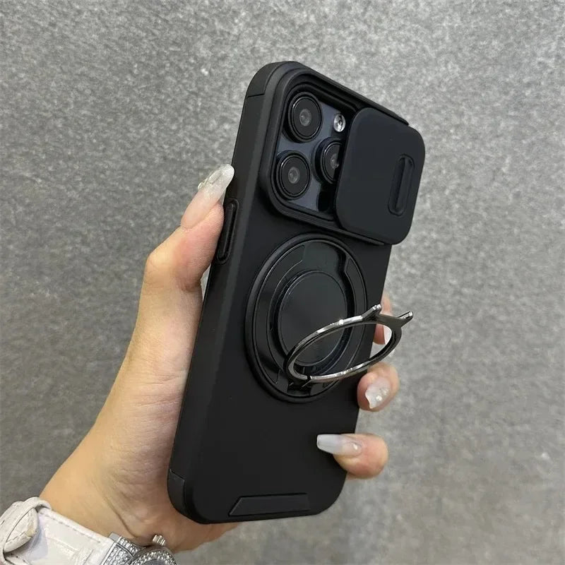 Heavy-Duty Rugged Armor Magnetic Bracket Phone Case For iPhone 18 17 16 15 14 13 12 11 Pro Max Slide Camera Protection Cover