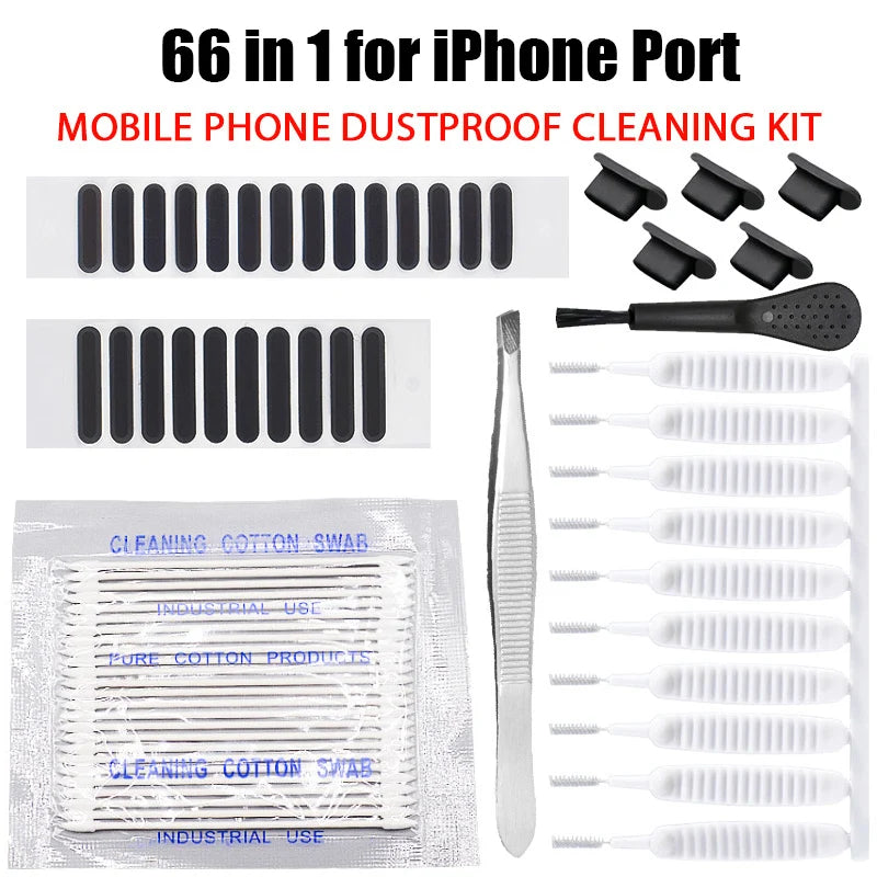 66pcs Mobile Phone Charging Port Dust Plug Removal Cleaner Kit Universal Phone Dustproof Cleaning Brush For IPhone Huawei Xiaomi