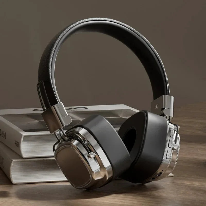 Retro Leather Over-ear Headphones Wireless Bluetooth 5.3 Foldable Noise Cancelling Stereo Music Headset With Cable For Phone PC