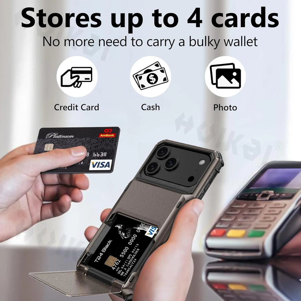Card Holder Case For iPhone 18 Pro Max 17e 17 Pro Max 16 15 14 13 Heavy Duty Wallet Hidden Flip Slot Protective Hard Back Cover
