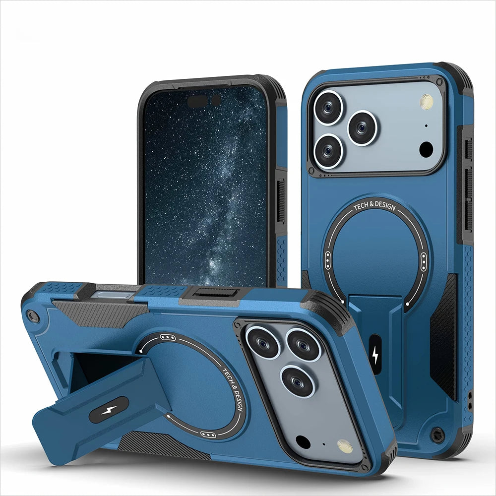 Phone Case - Heavy Duty Shock Resistant Armor Magnetic Phone Case for iPhone 18 Pro 17 Pro Max Invisible Stand Bumper Rear Cover