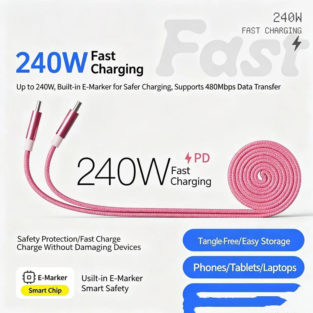 Magnetic 240W Fast Charger Cable USB C To C for Phone