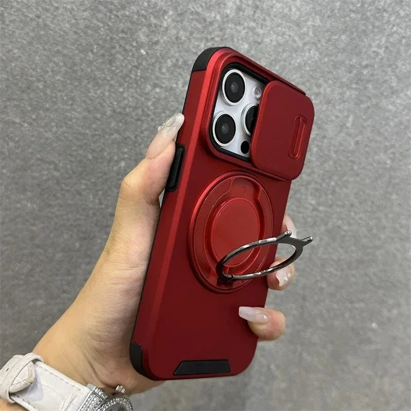 Heavy-Duty Rugged Armor Magnetic Bracket Phone Case For iPhone 18 17 16 15 14 13 12 11 Pro Max Slide Camera Protection Cover