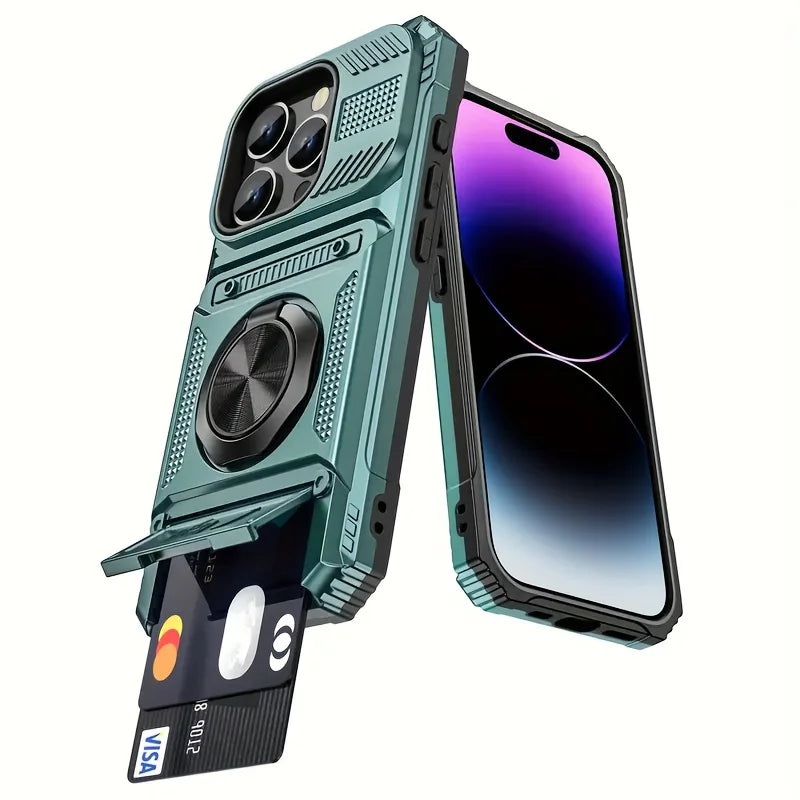 Heavy-Duty Anti-Drop 360° Rotating Metal Stand Phone Case for Iphone 17 16 15 14 13Pro max 11 Hard Shell Double Card Slot Design