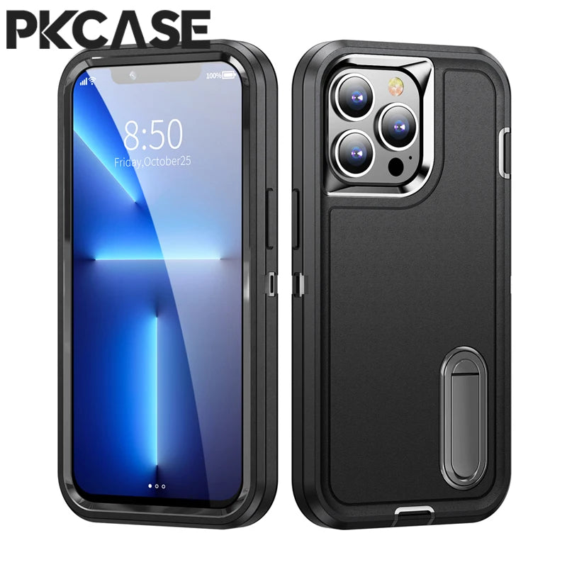 PKCASE Heavy Armor Shockproof Case For iPhone 18 17 Air 16 15 14 Plus 13 12 11 Pro Max Bracket Phone Cover For iPhone 16e