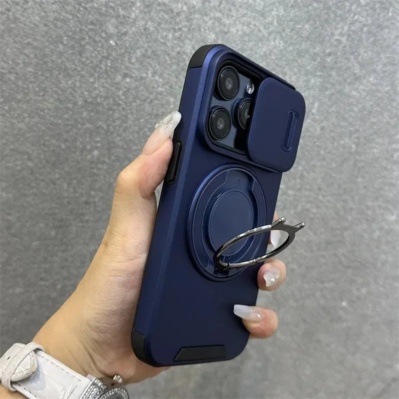 Heavy-Duty Rugged Armor Magnetic Bracket Phone Case For iPhone 18 17 16 15 14 13 12 11 Pro Max Slide Camera Protection Cover