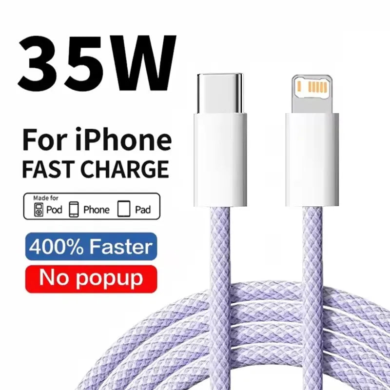 35W Fast Charging PD Nylon Braided USB-C Cable 1m 2m For iPhone 13 14 Pro Max 11 12 XR XS Max Plus Data Sync Phone Charger Cord