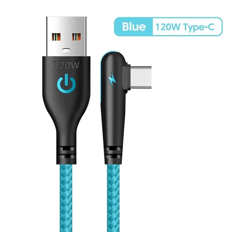 90° Elbow Type-C USB Fast Charging Cable For iPhone 15 16 17 Pro Xiaomi Redmi POCO Huawei Honor Quick Charge Nylon Braided Cable