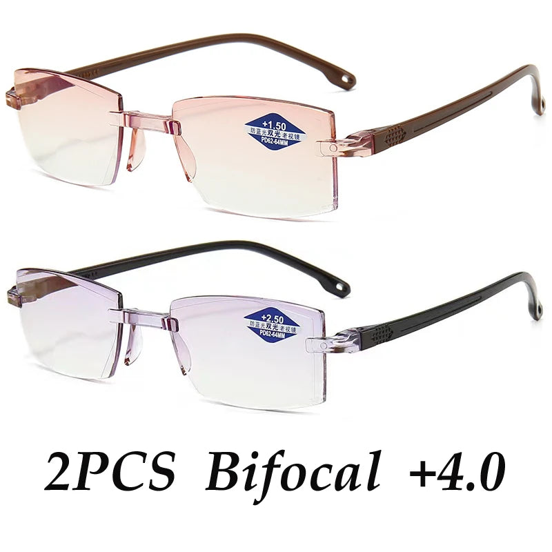2PCS Rimless Bifocal Progressive Reading Glasses Men Women Near and Far Anti-blue Light Eyesglasses Rectangular Glasses Eyewear