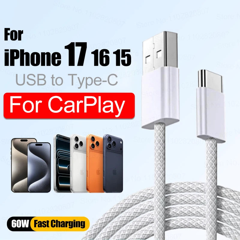 Official 60W Fast Charging USB C Cable For iPhone 16 15 17 Pro Max 17 Air 16 Plus Weaving Type-C Date Cable Charger Accessories