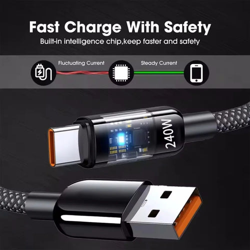 0.25/1/1.5/2M 240W Nylon USB C PD Super Fast Charging Data Cable With LED Display USB To Type C Quick Charge Data Cords New