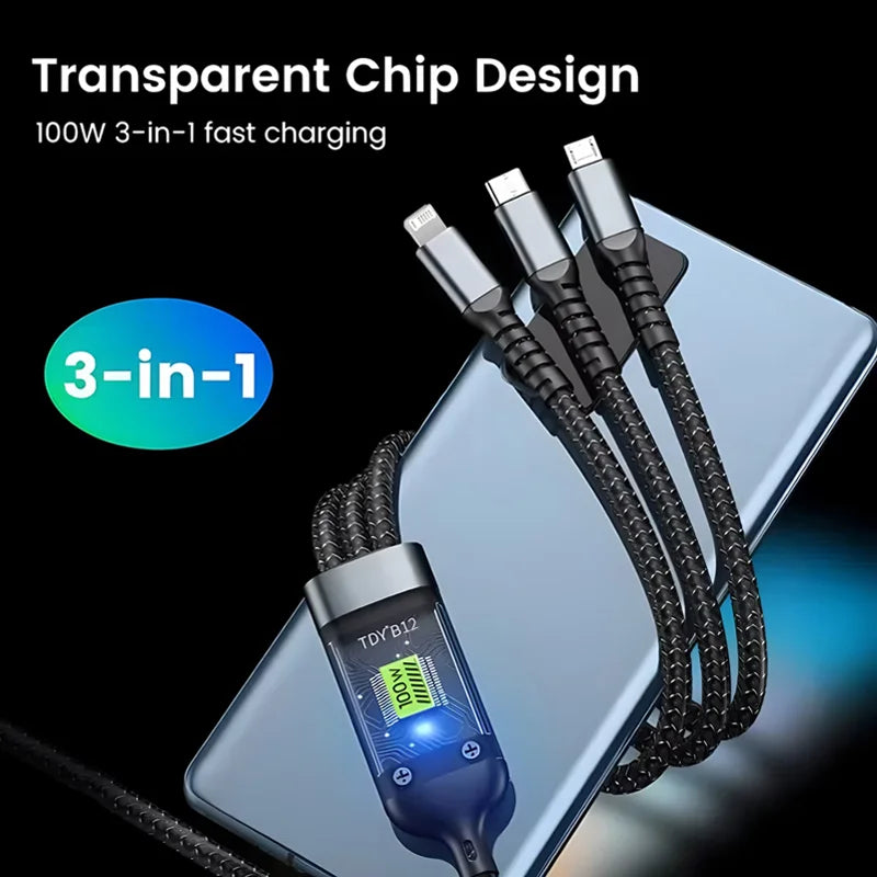 3 In 1 100W Transparent Pilot Lamp Super Fast Charging Cable Universal with TypeC Usb Micro for Iphone Huawei 1.2/2M Data Cable