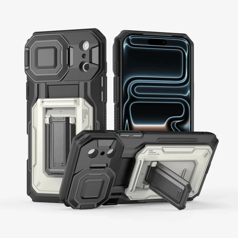 Heavy Duty Armor Case For IPhone17 16 15 14 13 Pro Max  Air Sliding Camera Cover Card Slot Wallet Kickstand Shockproof Bumper