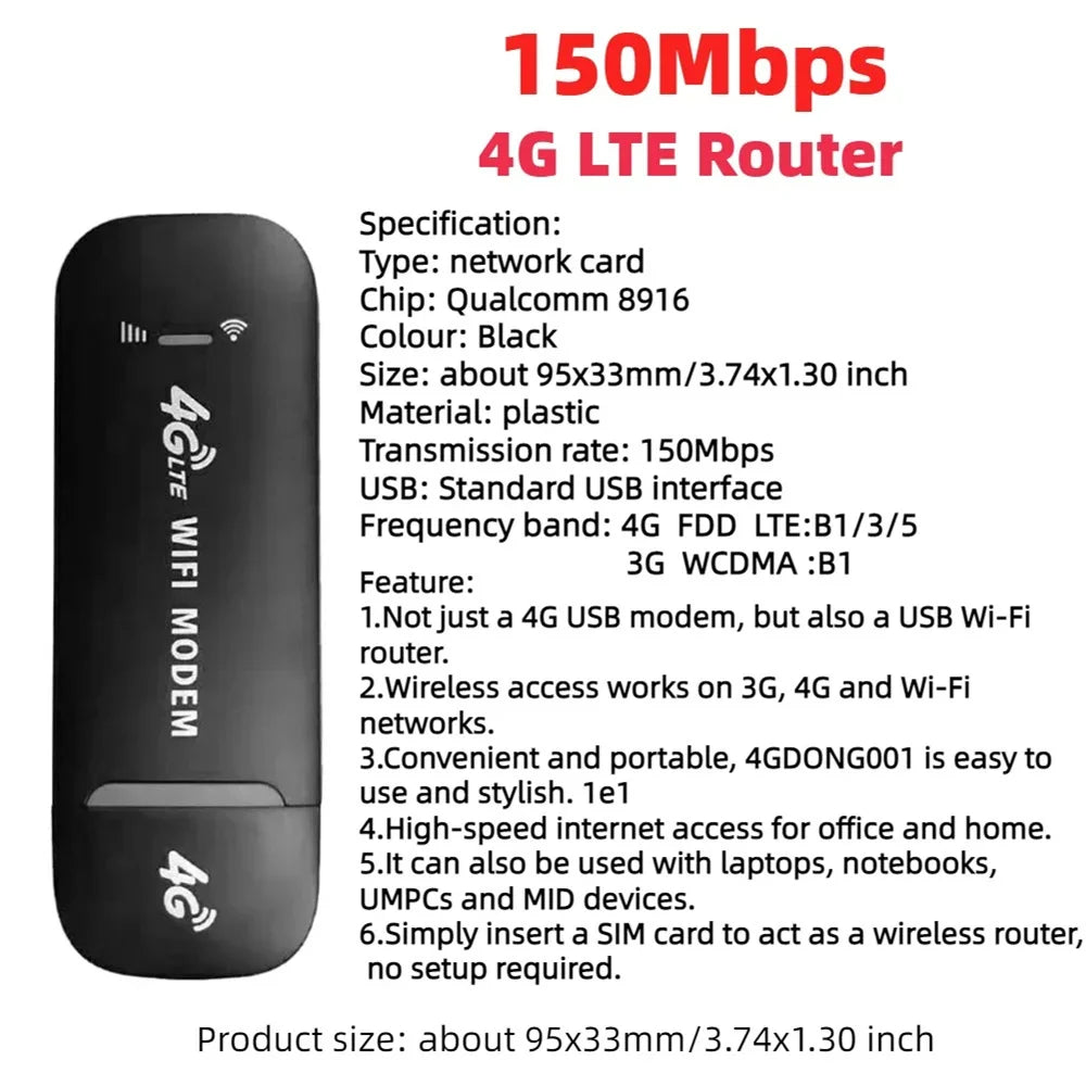 150Mbps 4G LTE USB WiFi Dongle Sim Card Wireless Modem Stick Portable Mobile Broadband Router Adapter for Home Office Travel Use