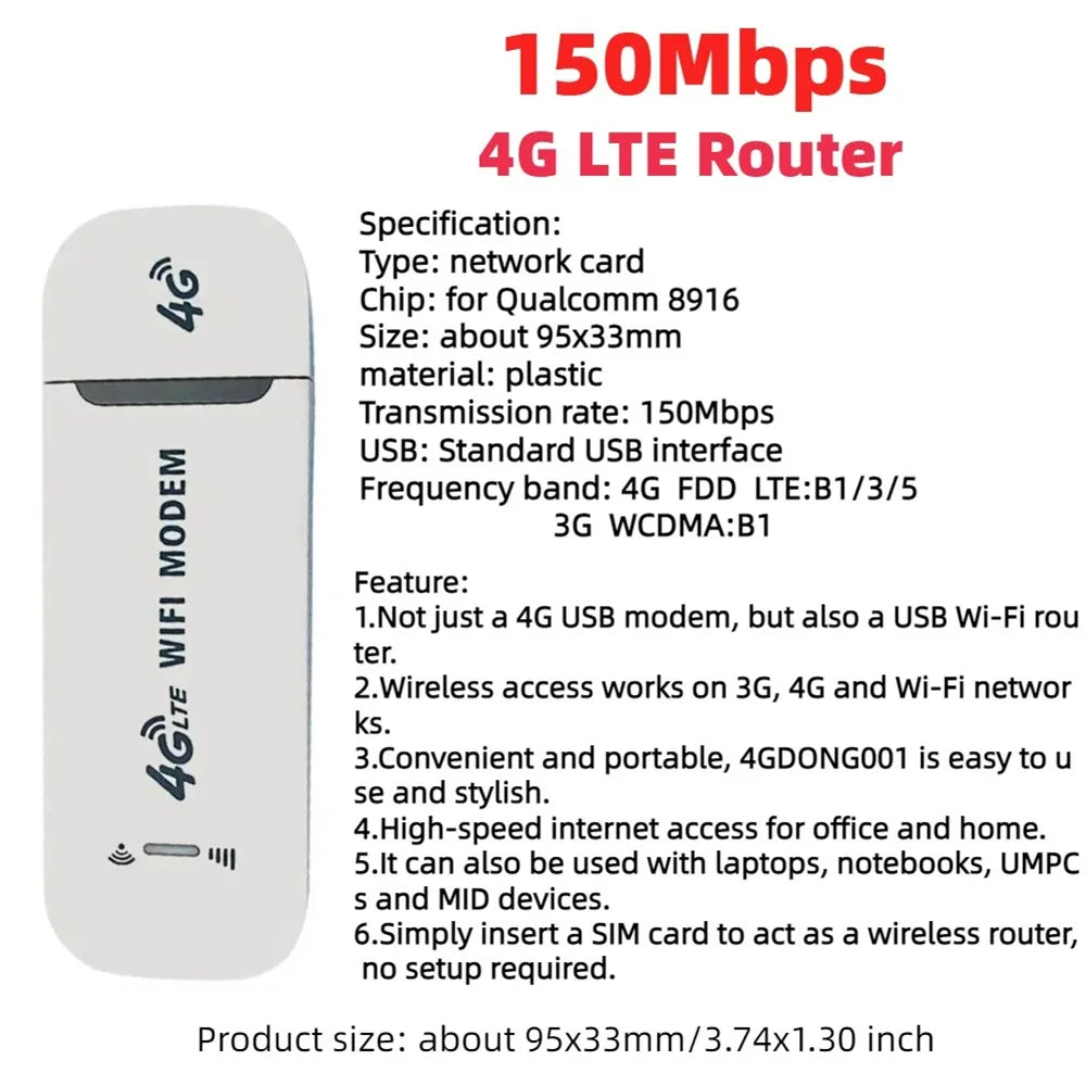 150Mbps 4G LTE USB WiFi Dongle Sim Card Wireless Modem Stick Portable Mobile Broadband Router Adapter for Home Office Travel Use