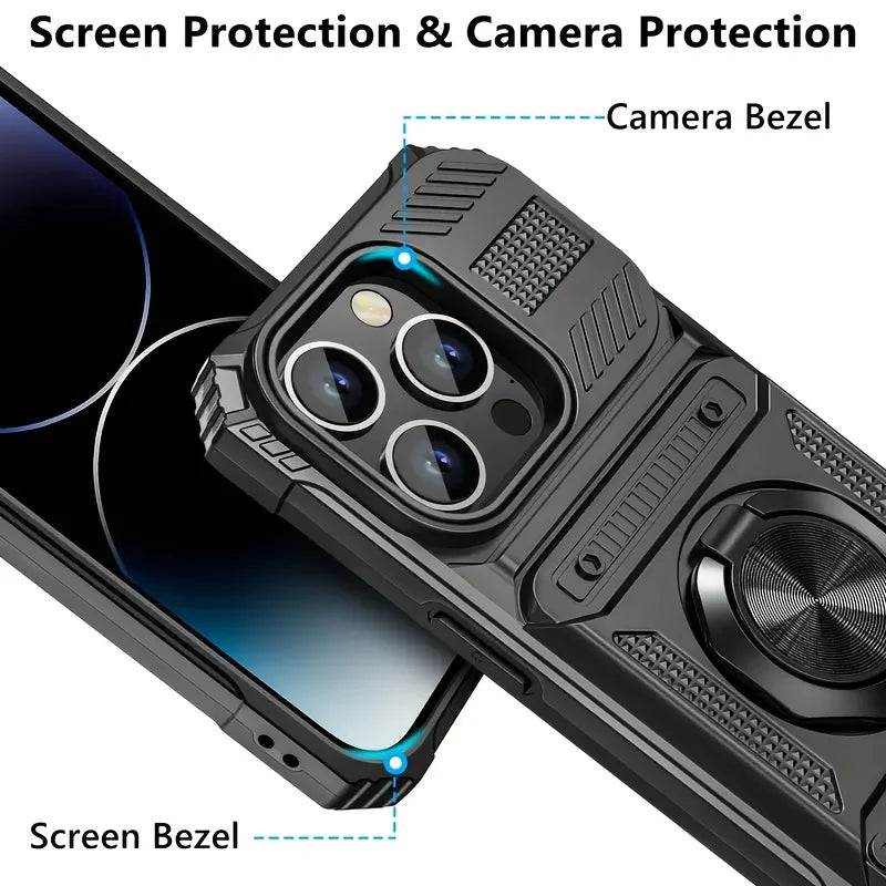 Heavy-duty shockproof phone case with metal stand card slot, suitable for models 17, 16, 15, 14 Pro Max, 16E, iPhone 11, 7/8 Plu