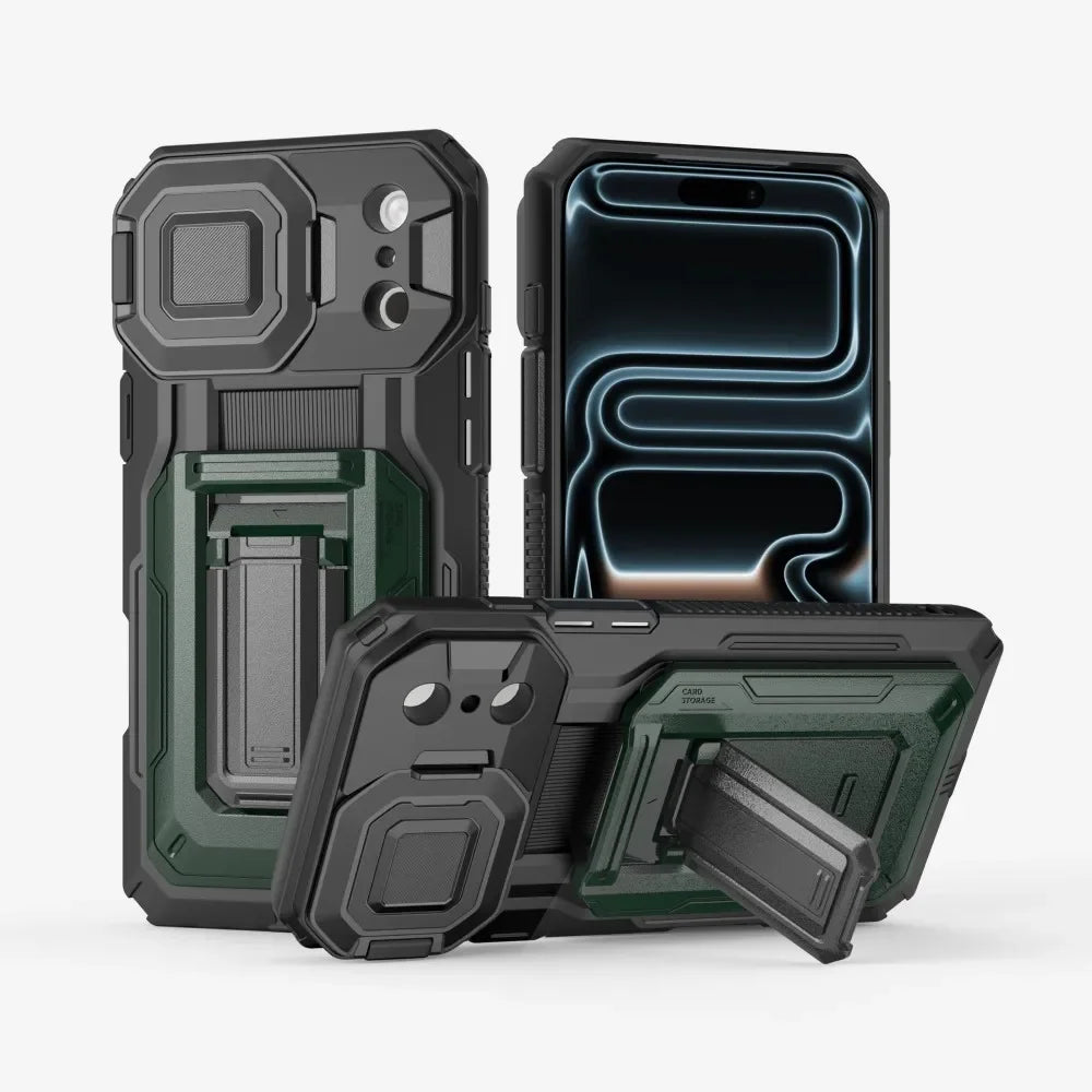 Heavy Duty Armor Case For IPhone17 16 15 14 13 Pro Max  Air Sliding Camera Cover Card Slot Wallet Kickstand Shockproof Bumper
