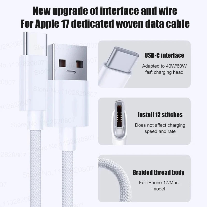Official 60W Fast Charging USB C Cable For iPhone 16 15 17 Pro Max 17 Air 16 Plus Weaving Type-C Date Cable Charger Accessories
