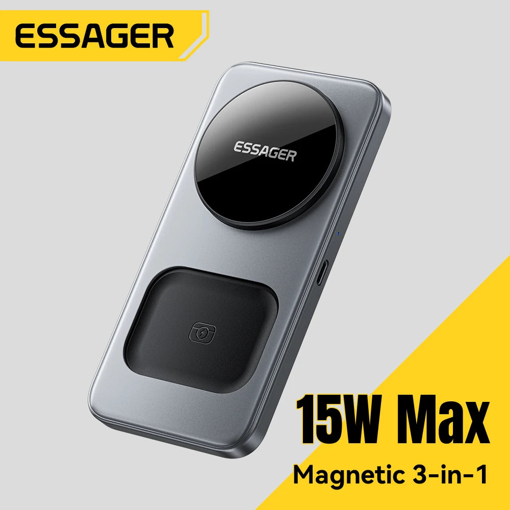 ESSAGER 15W 3-in-1 Magnetic Wireless Charging Station Foldable Phone Stand Charger for iPhone AirPods Watch Fast Charging Holder