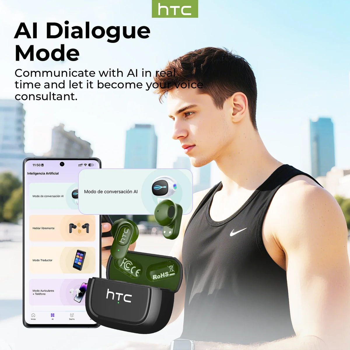 HTC NE51 Bluetooth V6.0 Earphone AI Translation Earbuds Noise Reduction Wireless Headphones HD Long-Life Bluetooth Earphones
