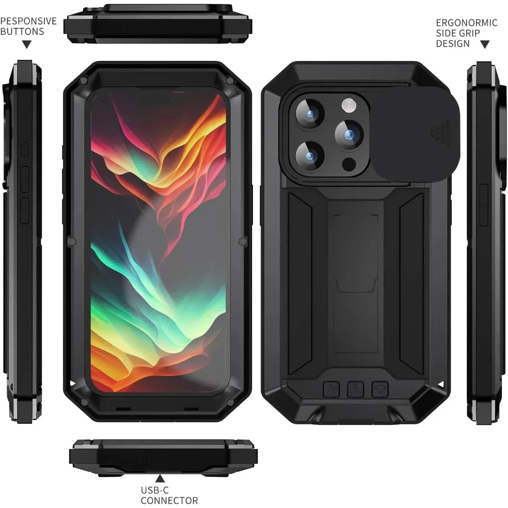 Heavy Duty Rugged Metal Case for iPhone, Case for iPhone 17 16 15 14, 13 Pro Max, Screw Military Shockproof Cover with Screen Ca