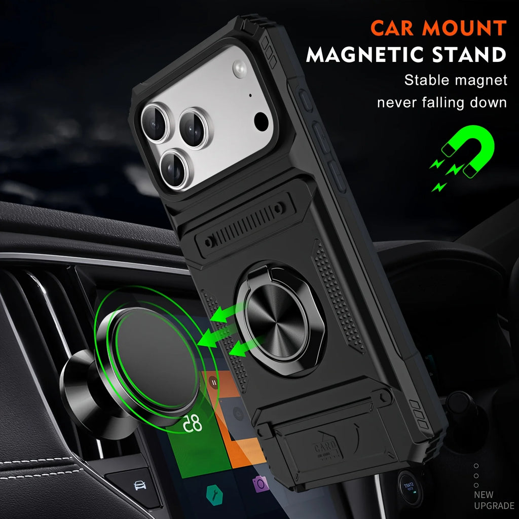 Heavy-Duty Anti-Drop 360° Rotating Metal Stand Phone Case for Iphone 17 16 15 14 13Pro max 11 Hard Shell Double Card Slot Design