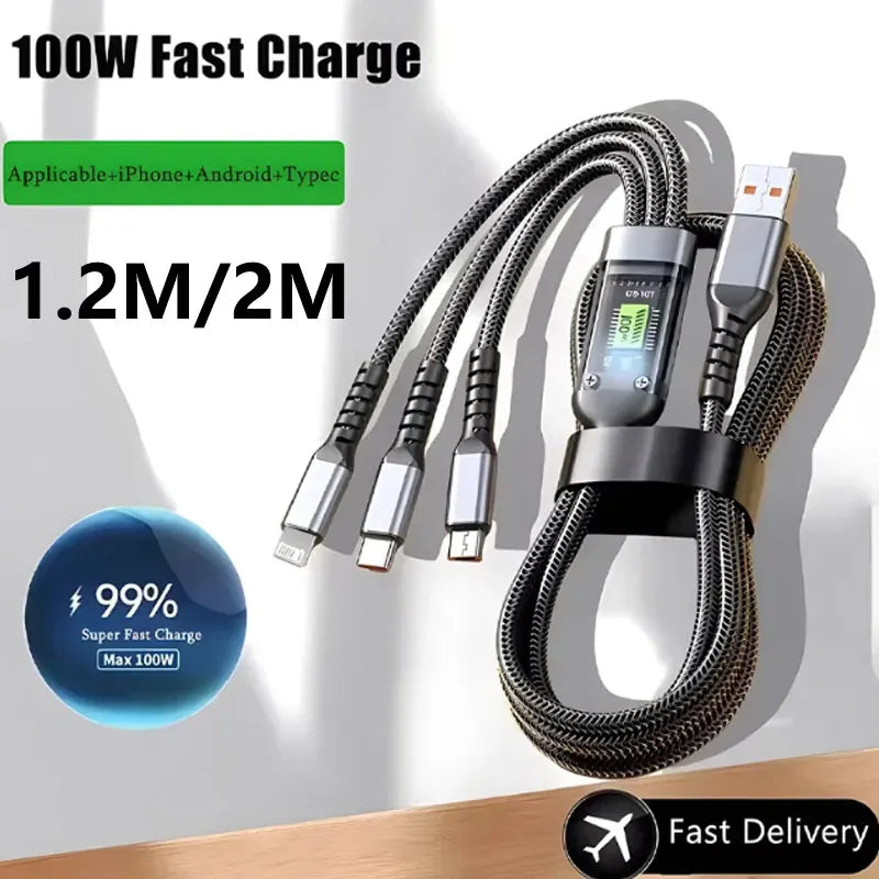 3 In 1 100W Transparent Pilot Lamp Super Fast Charging Cable Universal with TypeC Usb Micro for Iphone Huawei 1.2/2M Data Cable