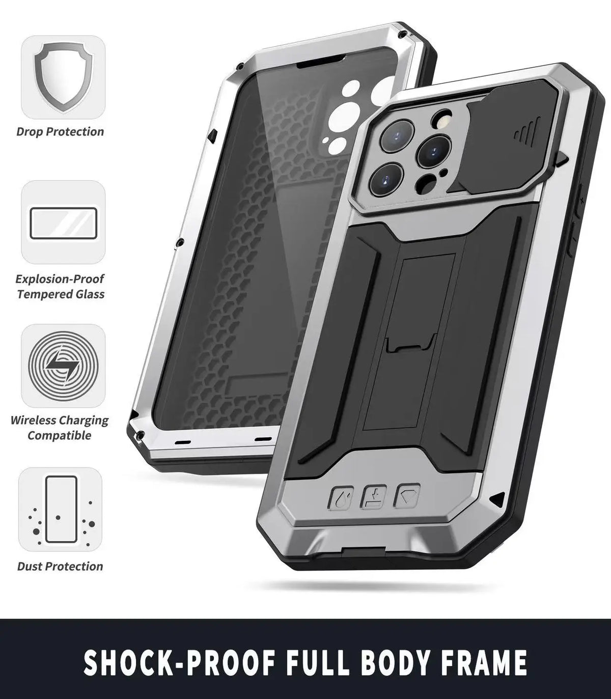 Military Heavy Duty Metal Case for iPhone 14 15 16 17 Pro Max Plus Slide Camera Built-in Screen Protector Full Body Hybrid Cover