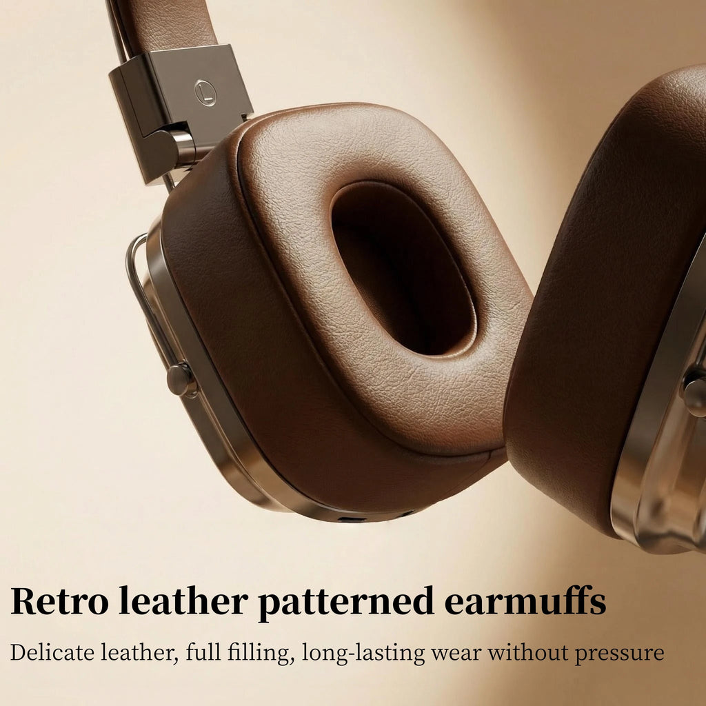 Retro Leather Over-ear Headphones Wireless Bluetooth 5.3 Foldable Noise Cancelling Stereo Music Headset With Cable For Phone PC