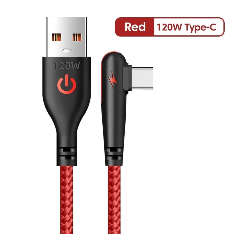 90° Elbow Type-C USB Fast Charging Cable For iPhone 15 16 17 Pro Xiaomi Redmi POCO Huawei Honor Quick Charge Nylon Braided Cable