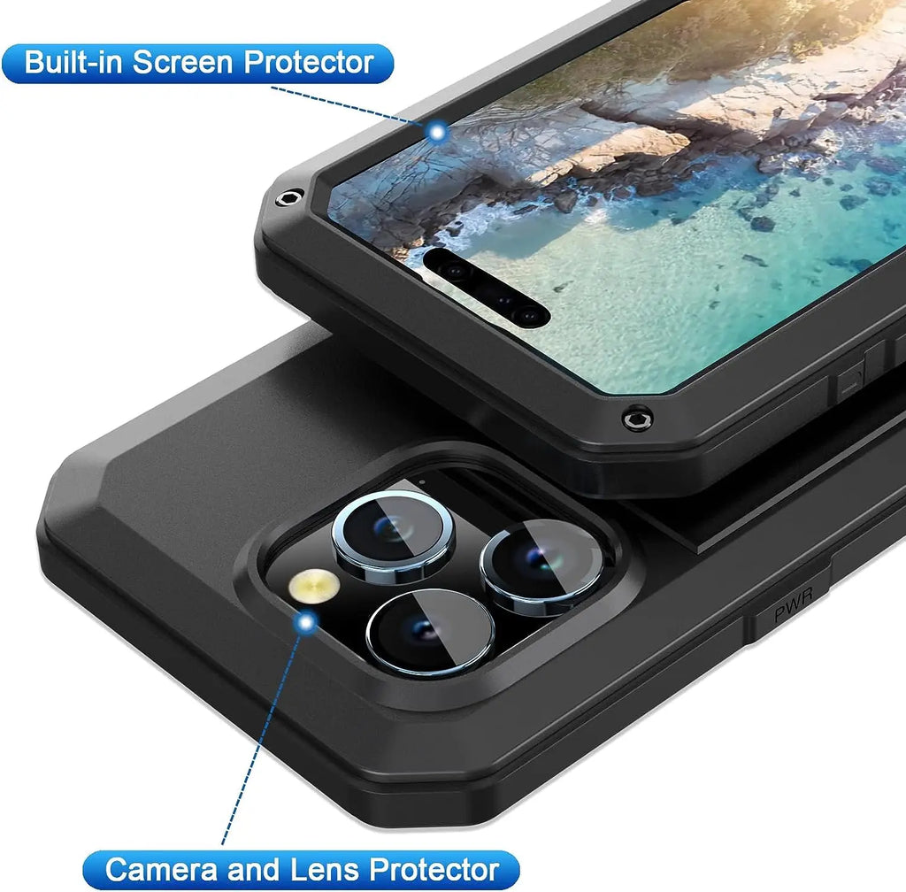For iPhone 16 15 14 13 12 11 Pro Max X XR 8 7 Plus Aluminum Metal Tank Case Heavy Duty Shockproof Rugged Armor Cover Screen Film