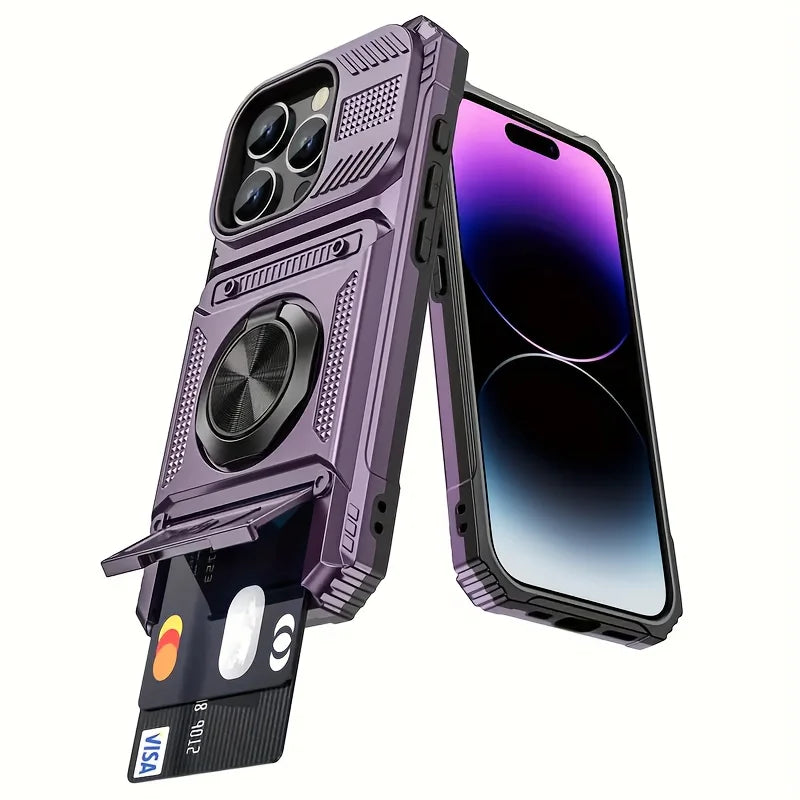 Heavy-Duty Anti-Drop 360° Rotating Metal Stand Phone Case for Iphone 17 16 15 14 13Pro max 11 Hard Shell Double Card Slot Design