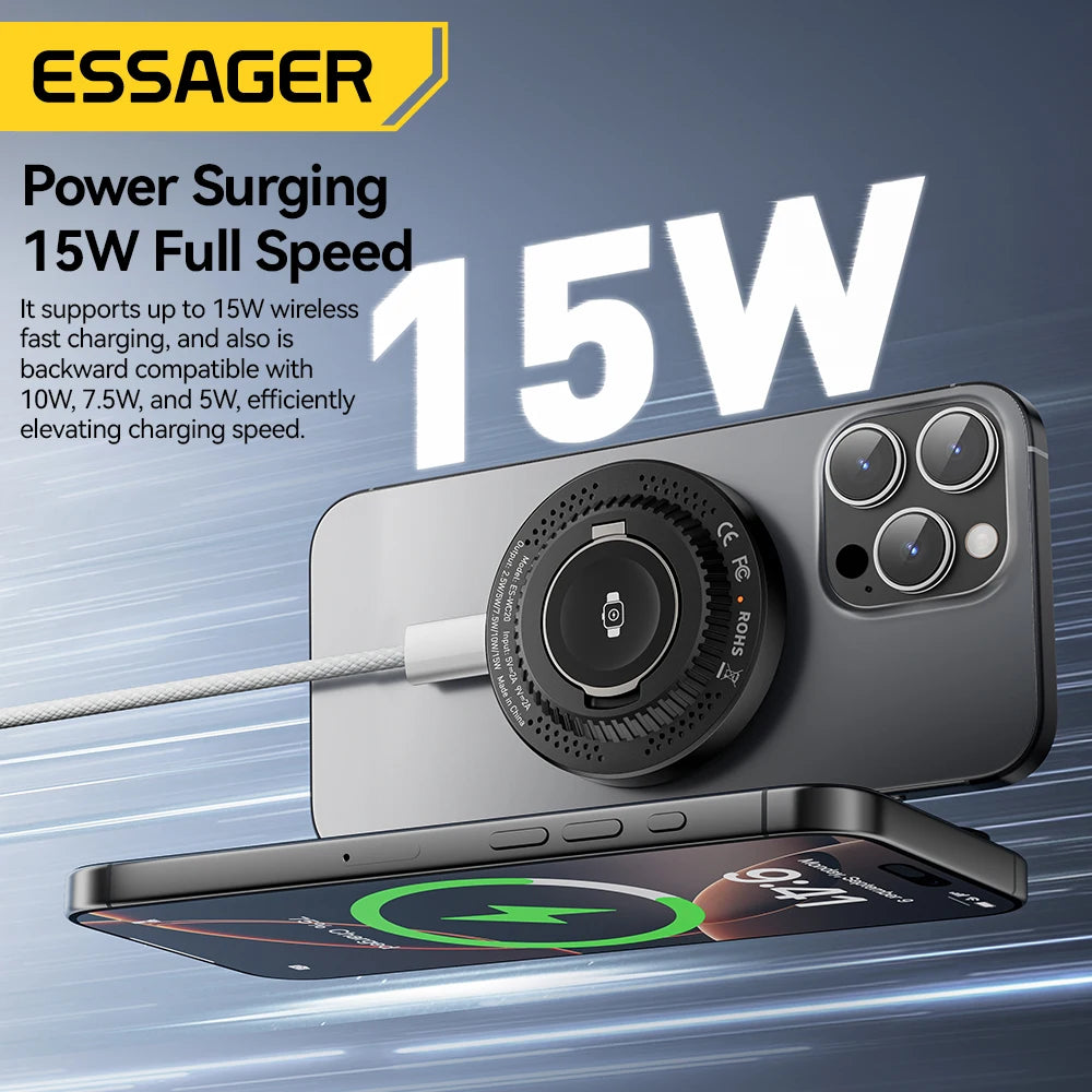 Essager 2-in-1 Magnetic Wireless Charger 15W With Holder Portable Fast Charging For iPhone 16 15 14 Pro Max iWatch Huawei Xiaomi