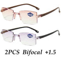 2PCS Rimless Bifocal Progressive Reading Glasses Men Women Near and Far Anti-blue Light Eyesglasses Rectangular Glasses Eyewear