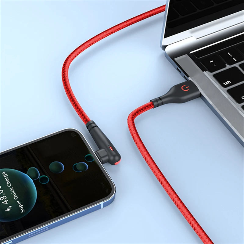 90° Elbow Type-C USB Fast Charging Cable For iPhone 15 16 17 Pro Xiaomi Redmi POCO Huawei Honor Quick Charge Nylon Braided Cable