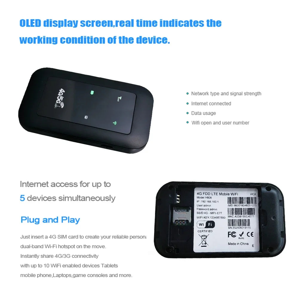 4G LTE Wireless Internet Router 3000mAh 150Mbps Modem Router Support 8 To 10 Users with SIM Card Slot for Home Office Car Travel