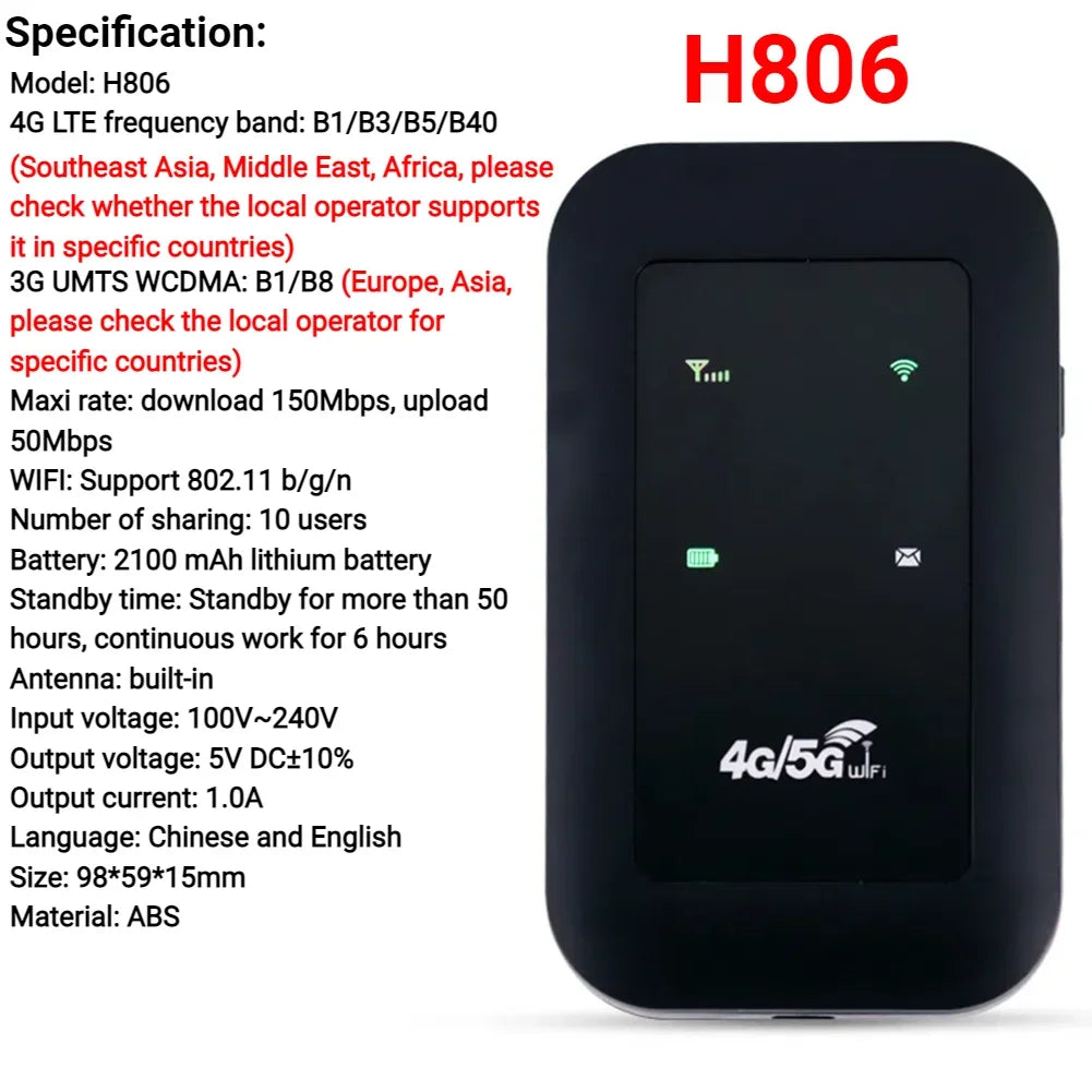4G LTE Wireless Internet Router 3000mAh 150Mbps Modem Router Support 8 To 10 Users with SIM Card Slot for Home Office Car Travel