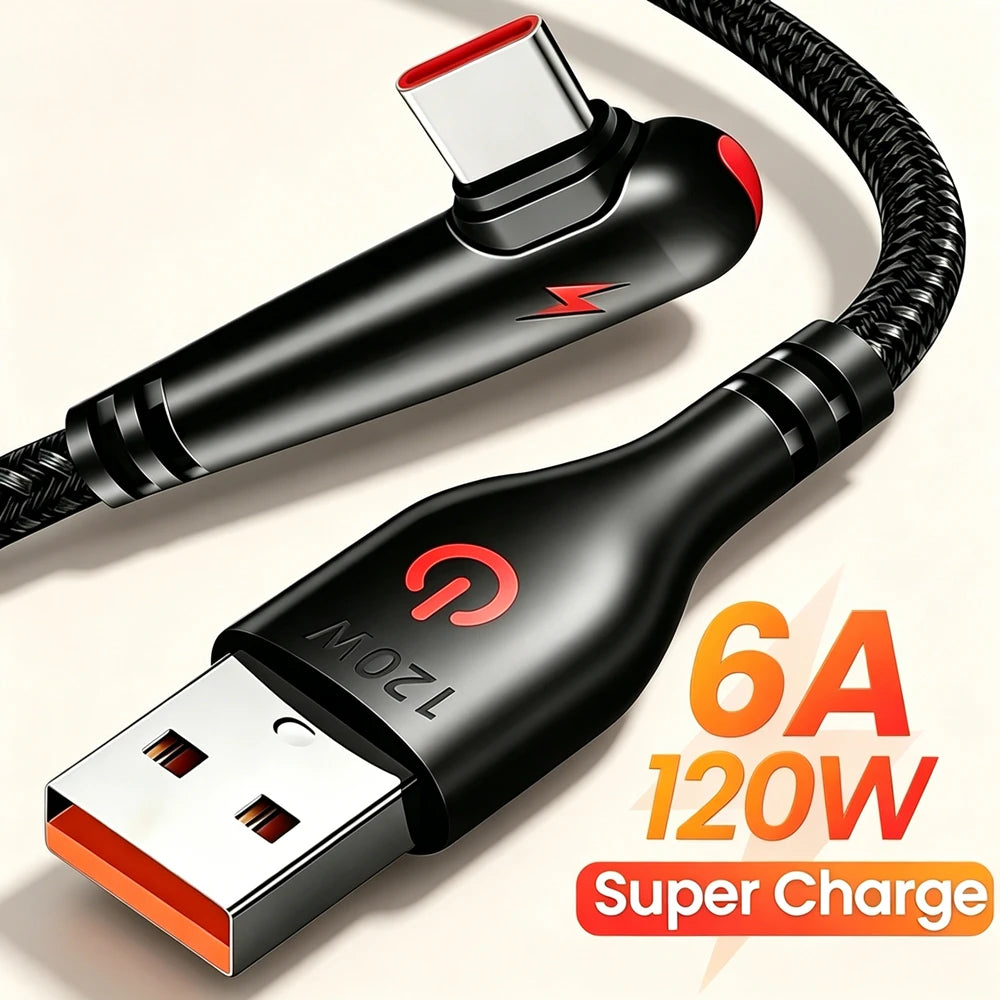 90° Elbow Type-C USB Fast Charging Cable For iPhone 15 16 17 Pro Xiaomi Redmi POCO Huawei Honor Quick Charge Nylon Braided Cable
