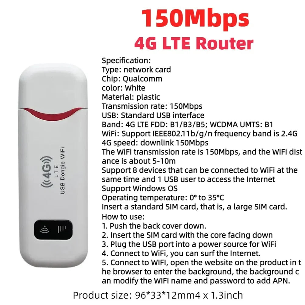 150Mbps 4G LTE USB WiFi Dongle Sim Card Wireless Modem Stick Portable Mobile Broadband Router Adapter for Home Office Travel Use