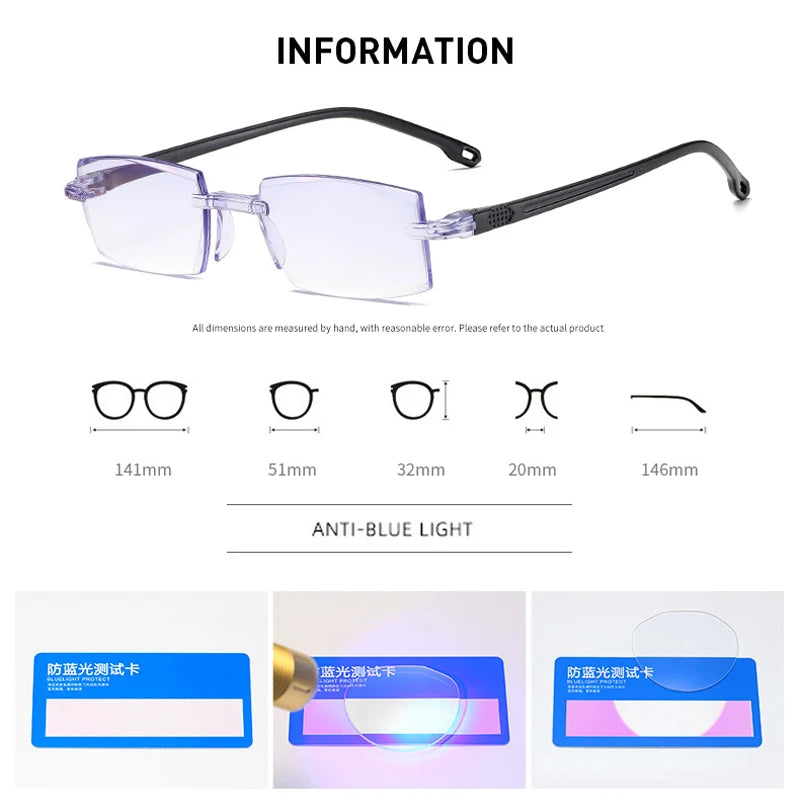 2PCS Rimless Bifocal Progressive Reading Glasses Men Women Near and Far Anti-blue Light Eyesglasses Rectangular Glasses Eyewear