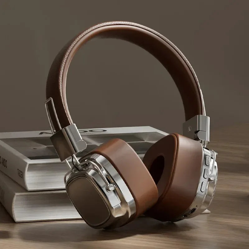 Retro Leather Over-ear Headphones Wireless Bluetooth 5.3 Foldable Noise Cancelling Stereo Music Headset With Cable For Phone PC