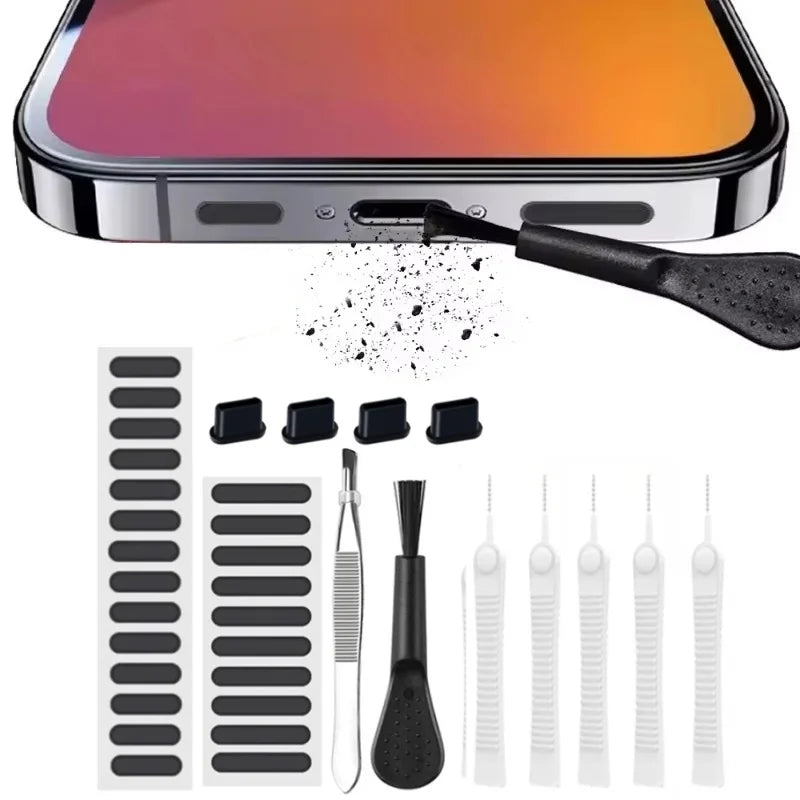 66pcs Mobile Phone Charging Port Dust Plug Removal Cleaner Kit Universal Phone Dustproof Cleaning Brush For IPhone Huawei Xiaomi