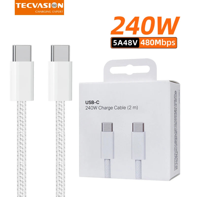240W USB C to C Cable 2M Type C Fast Charging Cable Braided Cord for MacBook Air Pro iPhone 16 17E Pro Ipad DELL Laptop Charger