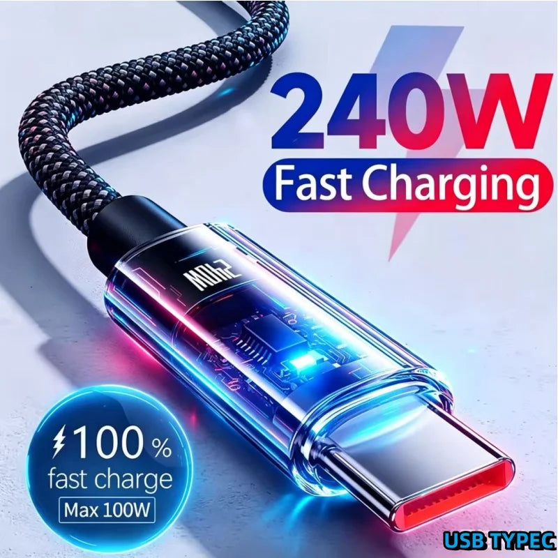 0.25/1/1.5/2M 240W Nylon USB C PD Super Fast Charging Data Cable With LED Display USB To Type C Quick Charge Data Cords New