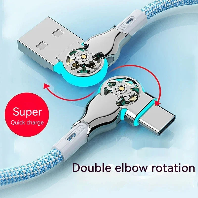 180 Degree Elbow Rotation USB A To Type C Micro USB Cable Zinc Alloy Braided LED Indicator Fast Charge Data Charger Wire