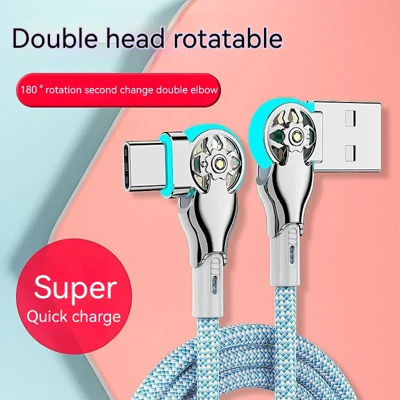 180 Degree Elbow Rotation USB A To Type C Micro USB Cable Zinc Alloy Braided LED Indicator Fast Charge Data Charger Wire