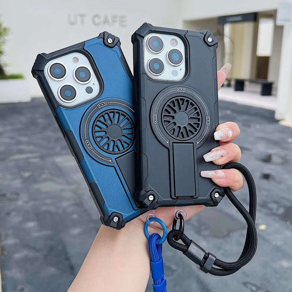 Heavy Duty Armor Case For iPhone 17 16 Pro Max 15 14 Plus 13 12 11 Fold Stand Holder Magnetic Shockproof Cover With Wrist Strap