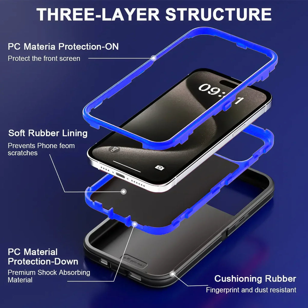 3-in-1 Heavy Duty Shockproof Armor Box Phone Cases for IPhone 18 17 Pro Max Air 16 E 15 14 Plus Dustproof Hard PC+TPU Back Cover