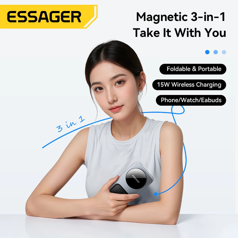 ESSAGER 15W 3-in-1 Magnetic Wireless Charging Station Foldable Phone Stand Charger for iPhone AirPods Watch Fast Charging Holder