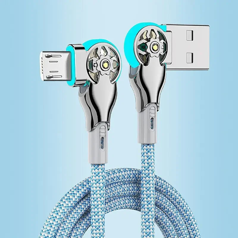 180 Degree Elbow Rotation USB A To Type C Micro USB Cable Zinc Alloy Braided LED Indicator Fast Charge Data Charger Wire